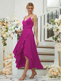 A-Linie/Princess-Linie Satin-Chiffon Gerüscht V-Ausschnitt Ärmellos Asymmetrisch Brautjungfernkleider