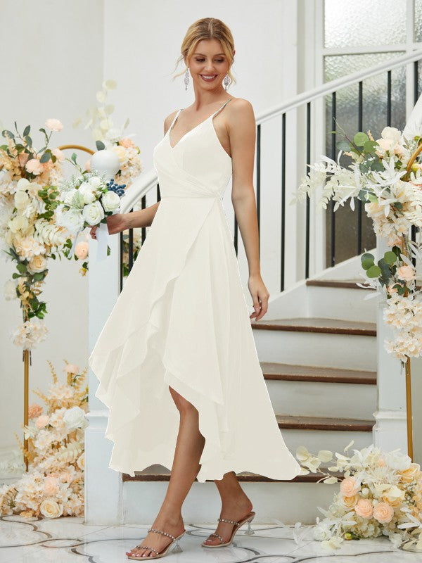 A-Linie/Princess-Linie Satin-Chiffon Gerüscht V-Ausschnitt Ärmellos Asymmetrisch Brautjungfernkleider