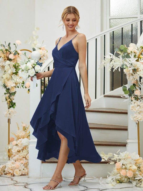 A-Linie/Princess-Linie Satin-Chiffon Gerüscht V-Ausschnitt Ärmellos Asymmetrisch Brautjungfernkleider