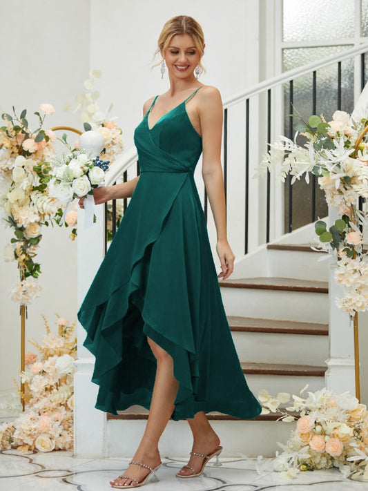 Vestidos de dama de honor asimétricos, corte A/princesa, de satén, gasa, fruncido, escote en V, sin mangas