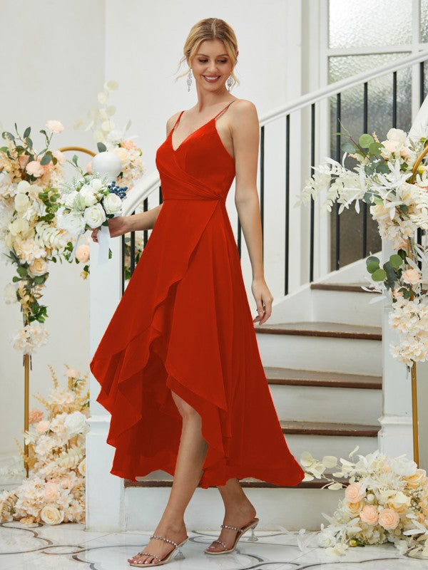 A-Linie/Princess-Linie Satin-Chiffon Gerüscht V-Ausschnitt Ärmellos Asymmetrisch Brautjungfernkleider