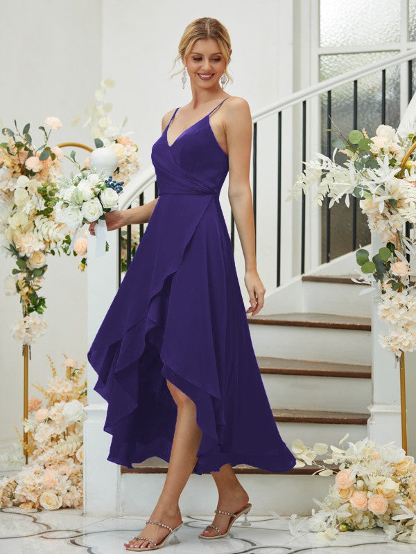 A-Linie/Princess-Linie Satin-Chiffon Gerüscht V-Ausschnitt Ärmellos Asymmetrisch Brautjungfernkleider