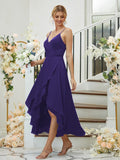A-Linie/Princess-Linie Satin-Chiffon Gerüscht V-Ausschnitt Ärmellos Asymmetrisch Brautjungfernkleider