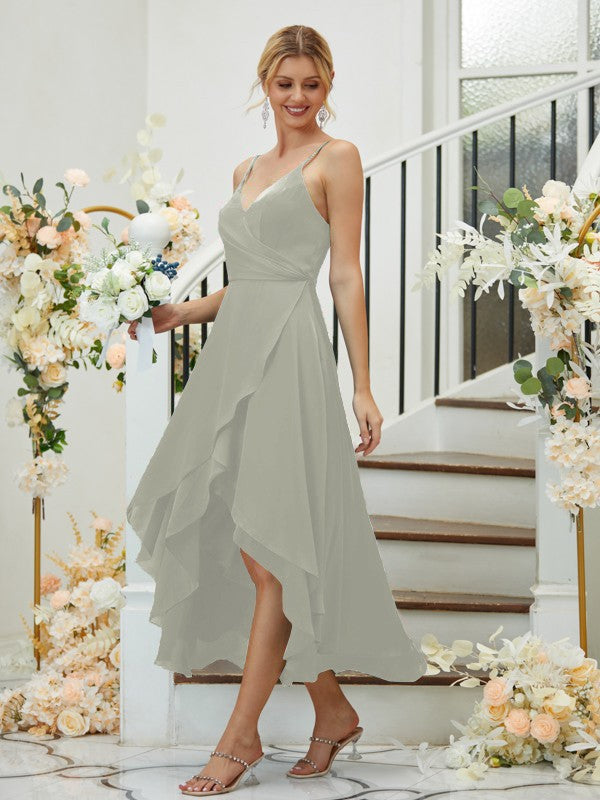 A-Linie/Princess-Linie Satin-Chiffon Gerüscht V-Ausschnitt Ärmellos Asymmetrisch Brautjungfernkleider