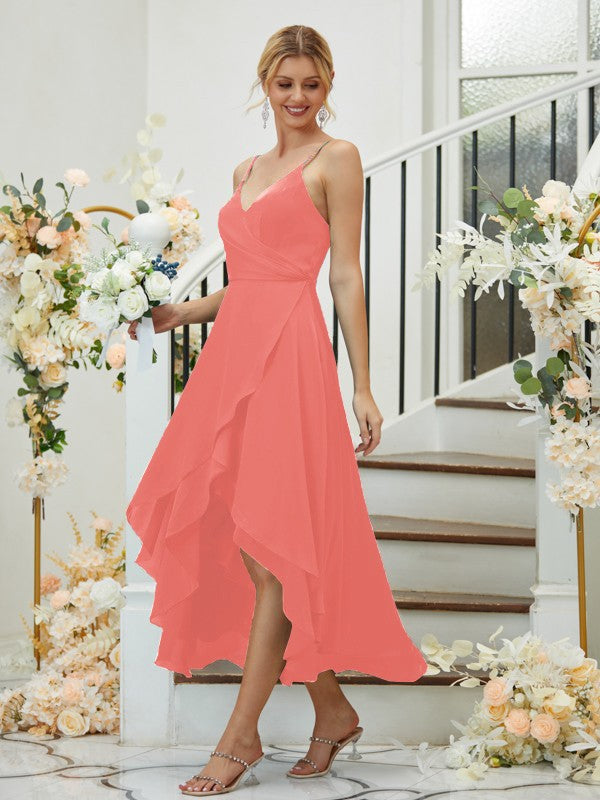 A-Linie/Princess-Linie Satin-Chiffon Gerüscht V-Ausschnitt Ärmellos Asymmetrisch Brautjungfernkleider