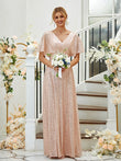 A-Line/Princess Sequin Ruched V-neck Short Sleeves Floor-Length Bridesmaid Dresses Formal Evening Dress