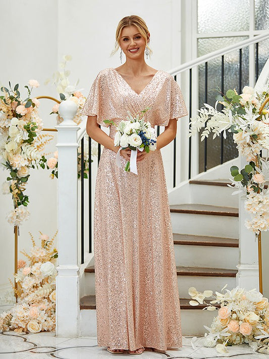 A-Line/Princess Sequin Ruched V-neck Short Sleeves Floor-Length Bridesmaid Dresses Formal Evening Dress