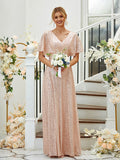 A-Line/Princess Sequin Ruched V-neck Short Sleeves Floor-Length Bridesmaid Dresses Formal Evening Dress