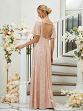 A-Line/Princess Sequin Ruched V-neck Short Sleeves Floor-Length Bridesmaid Dresses Formal Evening Dress