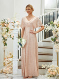 A-Line/Princess Sequin Ruched V-neck Short Sleeves Floor-Length Bridesmaid Dresses Formal Evening Dress