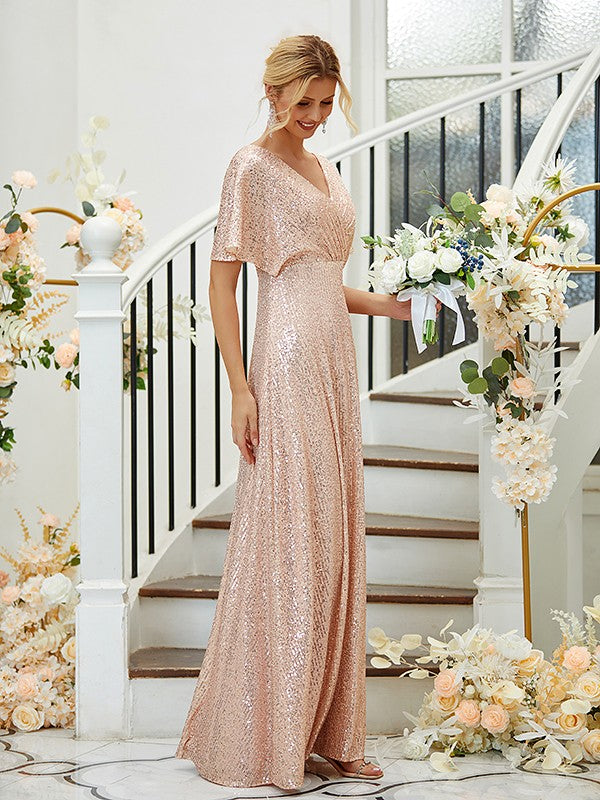 A-Line/Princess Sequin Ruched V-neck Short Sleeves Floor-Length Bridesmaid Dresses Formal Evening Dress