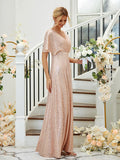 A-Line/Princess Sequin Ruched V-neck Short Sleeves Floor-Length Bridesmaid Dresses Formal Evening Dress