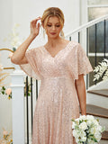 A-Line/Princess Sequin Ruched V-neck Short Sleeves Floor-Length Bridesmaid Dresses Formal Evening Dress