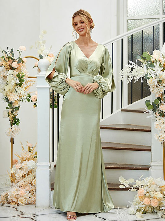 Sheath/Column Silk like Satin Ruched V-neck Long Sleeves Floor-Length Bridesmaid Dresses Formal Evening Dress