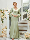 Sheath/Column Silk like Satin Ruched V-neck Long Sleeves Floor-Length Bridesmaid Dresses Formal Evening Dress