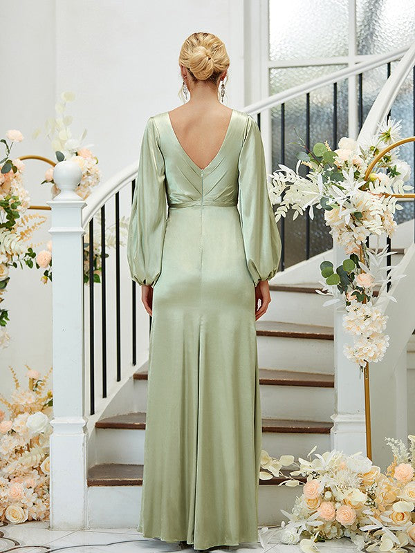 Sheath/Column Silk like Satin Ruched V-neck Long Sleeves Floor-Length Bridesmaid Dresses Formal Evening Dress