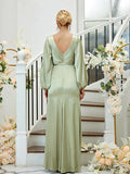 Sheath/Column Silk like Satin Ruched V-neck Long Sleeves Floor-Length Bridesmaid Dresses Formal Evening Dress