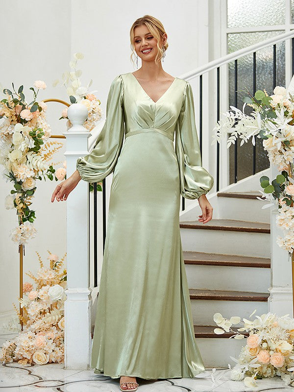 Sheath/Column Silk like Satin Ruched V-neck Long Sleeves Floor-Length Bridesmaid Dresses Formal Evening Dress