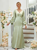 Sheath/Column Silk like Satin Ruched V-neck Long Sleeves Floor-Length Bridesmaid Dresses Formal Evening Dress