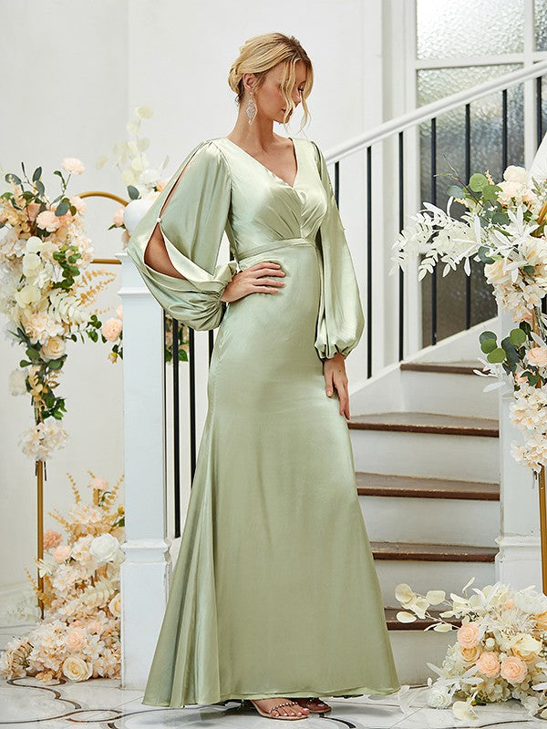 Sheath/Column Silk like Satin Ruched V-neck Long Sleeves Floor-Length Bridesmaid Dresses Formal Evening Dress