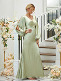 Sheath/Column Silk like Satin Ruched V-neck Long Sleeves Floor-Length Bridesmaid Dresses Formal Evening Dress