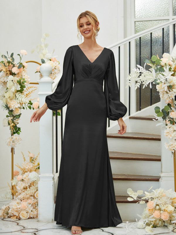 Sheath/Column Silk like Satin Ruched V-neck Long Sleeves Floor-Length Bridesmaid Dresses Formal Evening Dress