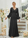 Sheath/Column Silk like Satin Ruched V-neck Long Sleeves Floor-Length Bridesmaid Dresses Formal Evening Dress