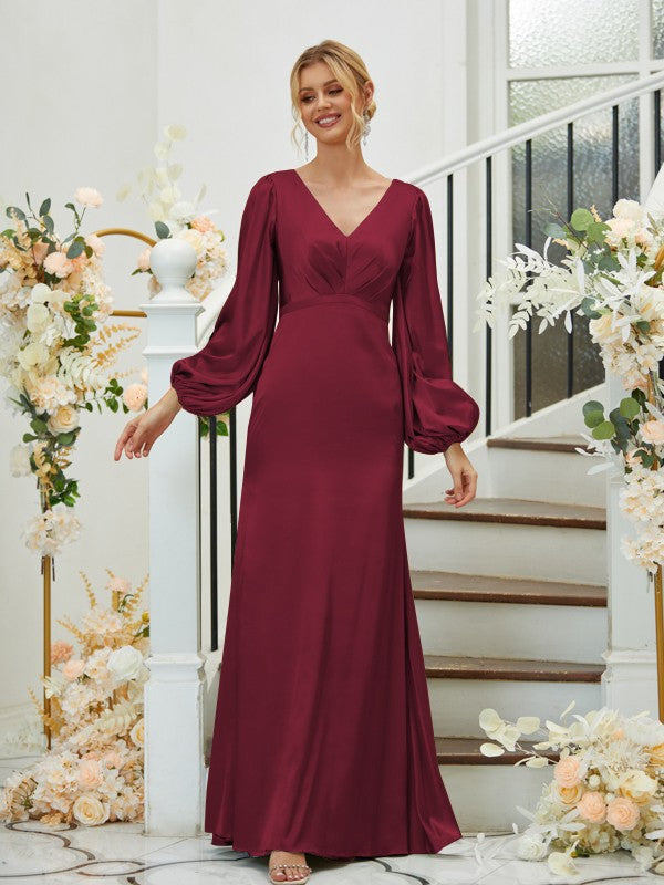 Sheath/Column Silk like Satin Ruched V-neck Long Sleeves Floor-Length Bridesmaid Dresses Formal Evening Dress