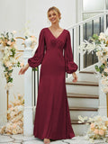 Sheath/Column Silk like Satin Ruched V-neck Long Sleeves Floor-Length Bridesmaid Dresses Formal Evening Dress