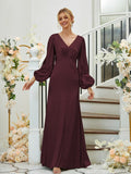 Sheath/Column Silk like Satin Ruched V-neck Long Sleeves Floor-Length Bridesmaid Dresses Formal Evening Dress