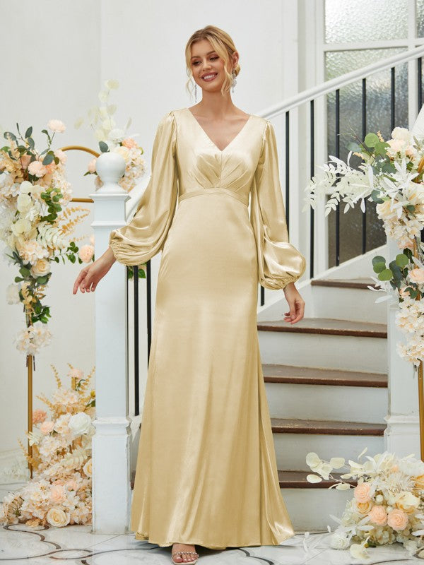 Sheath/Column Silk like Satin Ruched V-neck Long Sleeves Floor-Length Bridesmaid Dresses Formal Evening Dress