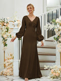Sheath/Column Silk like Satin Ruched V-neck Long Sleeves Floor-Length Bridesmaid Dresses Formal Evening Dress