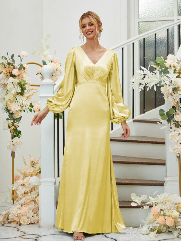 Sheath/Column Silk like Satin Ruched V-neck Long Sleeves Floor-Length Bridesmaid Dresses Formal Evening Dress