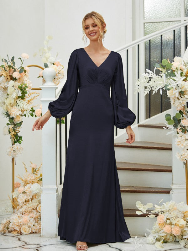 Sheath/Column Silk like Satin Ruched V-neck Long Sleeves Floor-Length Bridesmaid Dresses Formal Evening Dress