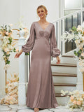 Sheath/Column Silk like Satin Ruched V-neck Long Sleeves Floor-Length Bridesmaid Dresses Formal Evening Dress