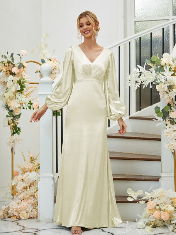 Sheath/Column Silk like Satin Ruched V-neck Long Sleeves Floor-Length Bridesmaid Dresses Formal Evening Dress