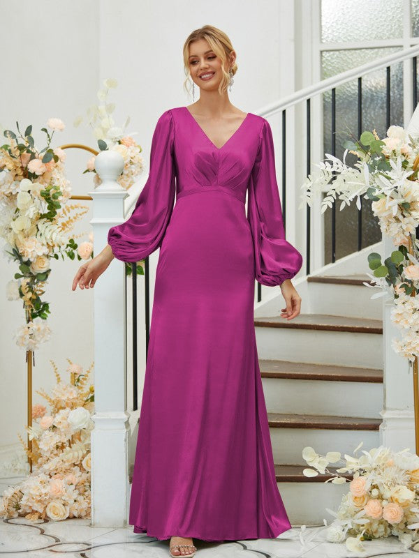 Sheath/Column Silk like Satin Ruched V-neck Long Sleeves Floor-Length Bridesmaid Dresses Formal Evening Dress
