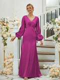 Sheath/Column Silk like Satin Ruched V-neck Long Sleeves Floor-Length Bridesmaid Dresses Formal Evening Dress