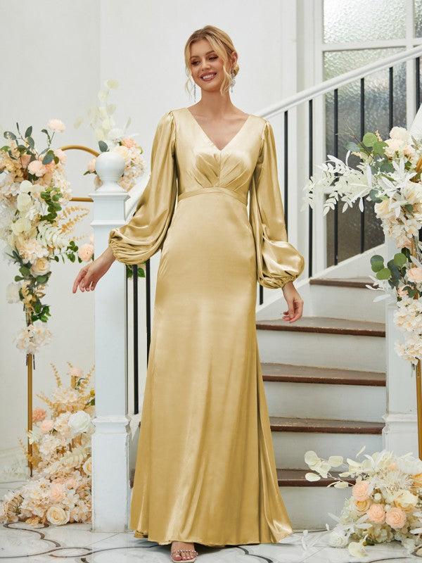 Sheath/Column Silk like Satin Ruched V-neck Long Sleeves Floor-Length Bridesmaid Dresses Formal Evening Dress