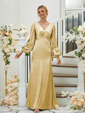 Sheath/Column Silk like Satin Ruched V-neck Long Sleeves Floor-Length Bridesmaid Dresses Formal Evening Dress