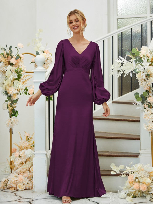 Sheath/Column Silk like Satin Ruched V-neck Long Sleeves Floor-Length Bridesmaid Dresses Formal Evening Dress