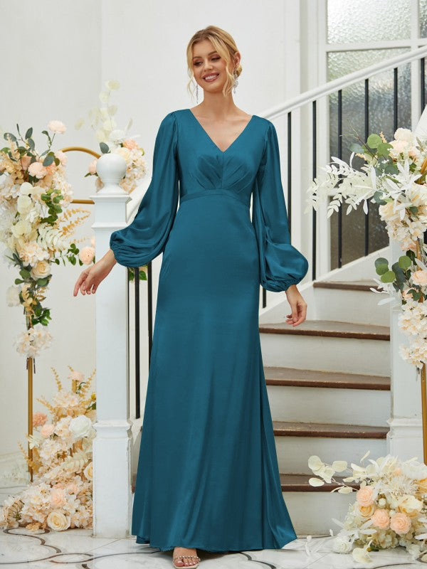 Sheath/Column Silk like Satin Ruched V-neck Long Sleeves Floor-Length Bridesmaid Dresses Formal Evening Dress