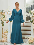 Sheath/Column Silk like Satin Ruched V-neck Long Sleeves Floor-Length Bridesmaid Dresses Formal Evening Dress