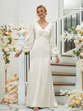 Sheath/Column Silk like Satin Ruched V-neck Long Sleeves Floor-Length Bridesmaid Dresses Formal Evening Dress