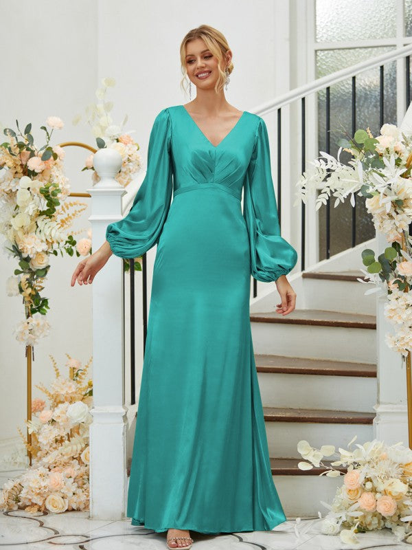 Sheath/Column Silk like Satin Ruched V-neck Long Sleeves Floor-Length Bridesmaid Dresses Formal Evening Dress