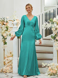 Sheath/Column Silk like Satin Ruched V-neck Long Sleeves Floor-Length Bridesmaid Dresses Formal Evening Dress