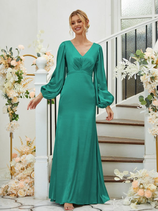 Sheath/Column Silk like Satin Ruched V-neck Long Sleeves Floor-Length Bridesmaid Dresses Formal Evening Dress