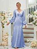 Sheath/Column Silk like Satin Ruched V-neck Long Sleeves Floor-Length Bridesmaid Dresses Formal Evening Dress