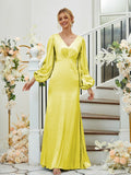 Sheath/Column Silk like Satin Ruched V-neck Long Sleeves Floor-Length Bridesmaid Dresses Formal Evening Dress