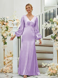 Sheath/Column Silk like Satin Ruched V-neck Long Sleeves Floor-Length Bridesmaid Dresses Formal Evening Dress